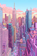 Obraz premium Pink Cityscape Skyline Buildings Illustration