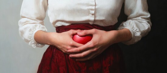 close-up of person wearing white blouse and red skirt holding a red heart shape gently with both hands against a dark background, conveying care and warmth