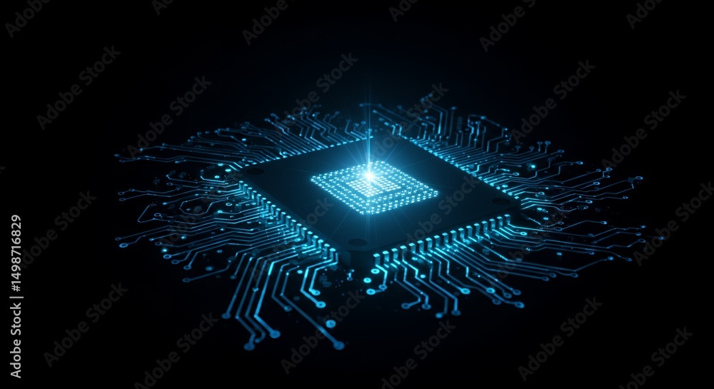 Poster glowing blue circuit board microchip on black background for advanced technology and computer hardwa