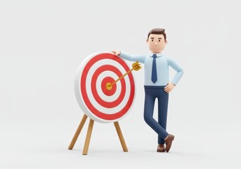 3D Illustration of Cartoon businessman leaning on target with arrow in the center isolated on white background, demonstrating success and achievement