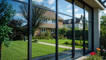 Fototapeta premium Sky and Garden Mirrored in House Window