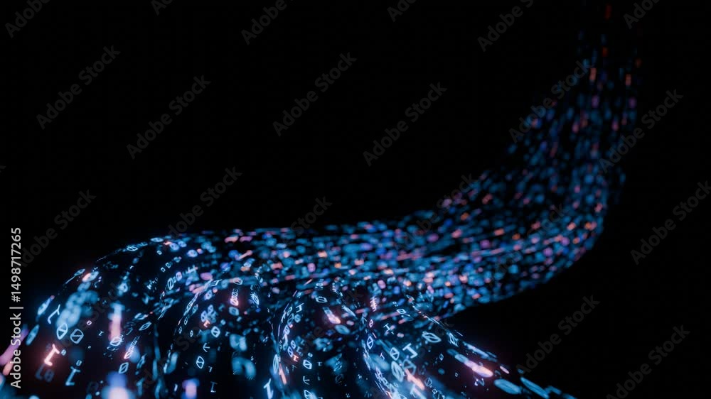 Poster Flowing Stream of Glowing Binary Code in a Dark Digital Space Representing Data Flow and Advanced Technology. Seamless loop animation background