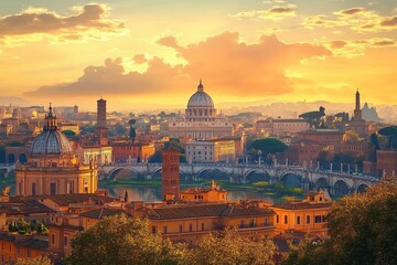 Fototapeta premium Panoramic view of a historic European city at sunset with domed churches, stone bridges over a river, old buildings, and soft golden light illuminating the scene