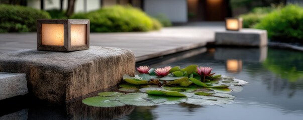 Fototapeta premium Tranquil atmosphere for serenity with peaceful pond view concept. Tranquil garden scene with lotus flowers and glowing lanterns.