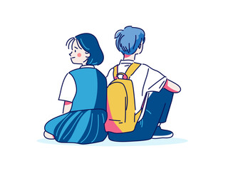 背中合わせに座る高校生カップルイラスト