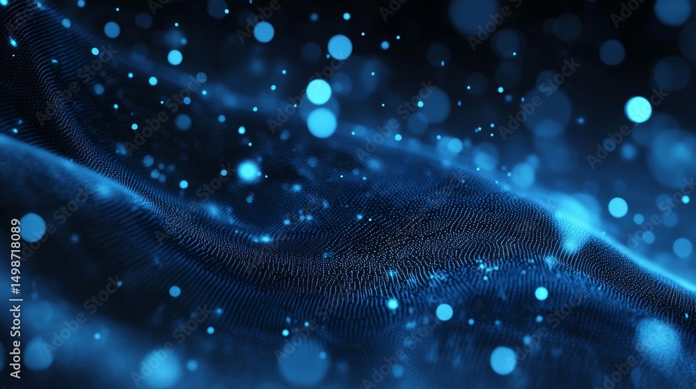 Poster abstract digital background of glowing blue dots forming a futuristic data flow pattern, symbolizing