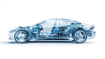 A dynamic 3D of a modern hydrogen car with semi transparent elements, showing a view of its internal