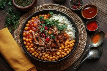 Rustic bowl with seasoned chickpeas, shredded meat stew, white rice, and fresh herbs surrounded by colorful spices on wooden table