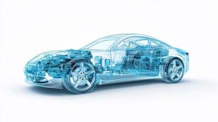 A dynamic 3D of a modern hydrogen car with semi transparent elements, showing a view of its internal