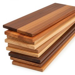 Stack of wooden planks with varying shades of brown on a white background