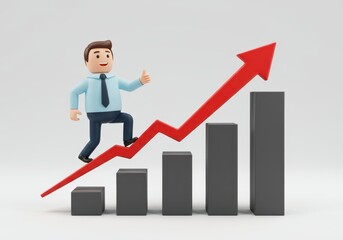 3D Illustration of Cartoon businessman climbing a rising red arrow on a bar graph showing business success isolated on white background
