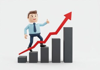 3D Illustration of Cartoon businessman climbing a bar graph with a red arrow showing growth isolated on white background