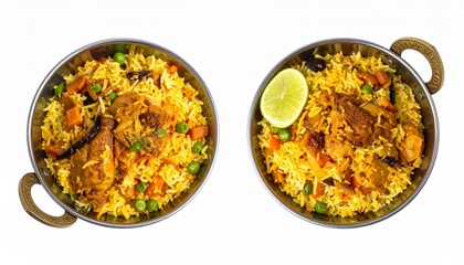 Vegetable biryani in bowl isolated on white background with clipping path for Indian street food or home-cooked meal concept