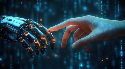 Close-up of a robotic metallic hand and a digital human hand almost touching fingertips in a futuristic digital environment