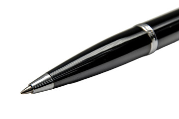 Close-up of a black ballpoint pen with silver accents on white background, cut out
