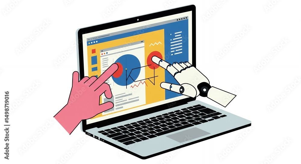 Poster human and robot hands interacting with laptop displaying data charts and code interface with an isom
