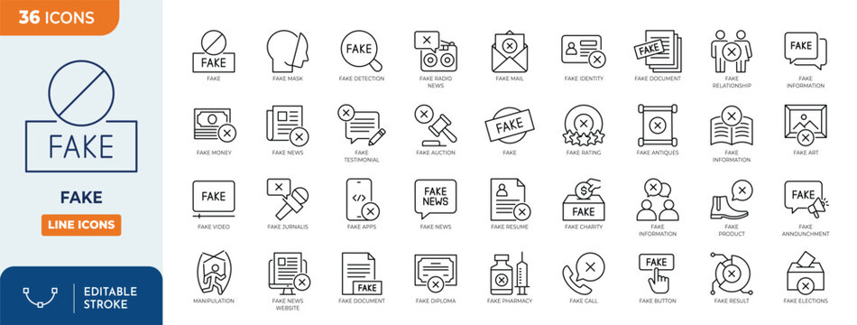 Fake icon set. Contain icons related to Fake, Disinformation, hoax, and more. Outline Icon Collection. Editable stroke. Vector illustration	