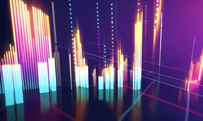 Abstract digital rendering of vibrant, multicolored vertical bars on a dark, reflective surface, suggesting data visualization or audio waveform - Powered by Adobe