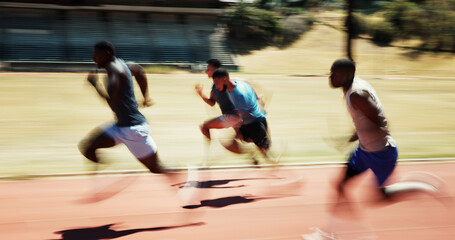 Fototapeta premium Athlete, people and running for race on track for exercise, training and competition of marathon. Active, men and runner with speed for fitness event, performance and sports challenge for tournament