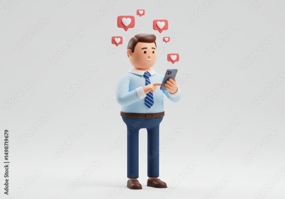 Poster 3d illustration of cartoon 3d render of a man using a smartphone surrounded by like icons isolated o