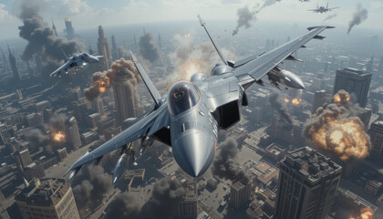 Fighter jet aerial combat, city backdrop, explosions, war	
