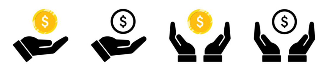 Set of black hand icons holding dollar coins, representing financial support, savings, donation, and investment concepts in flat design style, ideal for finance related graphics. Icons, vector.
