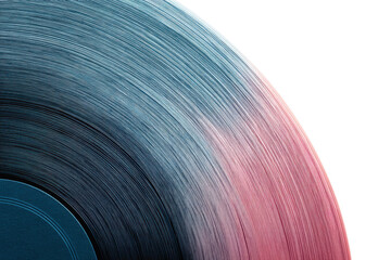 Close-up of vinyl record with gradient colors and grooves on black background, cut out
