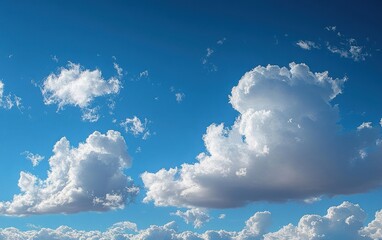 Bright blue sky filled with scattered fluffy white clouds creating a peaceful and uplifting atmosphere