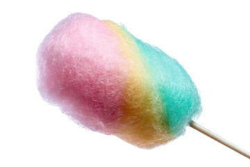 Colorful rainbow cotton candy on stick against black background, cut out