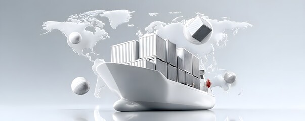 Magazine cover featuring a futuristic cargo container ship with advanced global logistics technology, detailed world maps, and interconnected supply chain networks