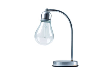 Minimalist industrial-style desk lamp with curved metal stand and exposed bulb, cut out
