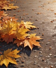 Sunlit maple leaves scattered on ground, ample copy space, design, natural light, vibrant