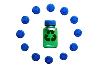 Recycling symbol on green bottle with blue caps in circular pattern on black background, cut out