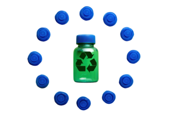 Recycling symbol on green bottle with blue caps in circular pattern on black background, cut out