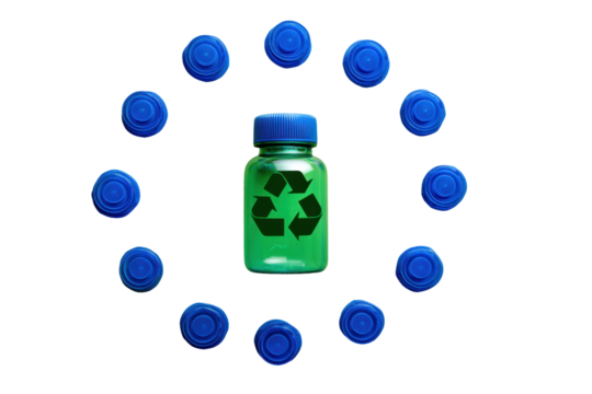 Recycling symbol on green bottle with blue caps in circular pattern on black background, cut out