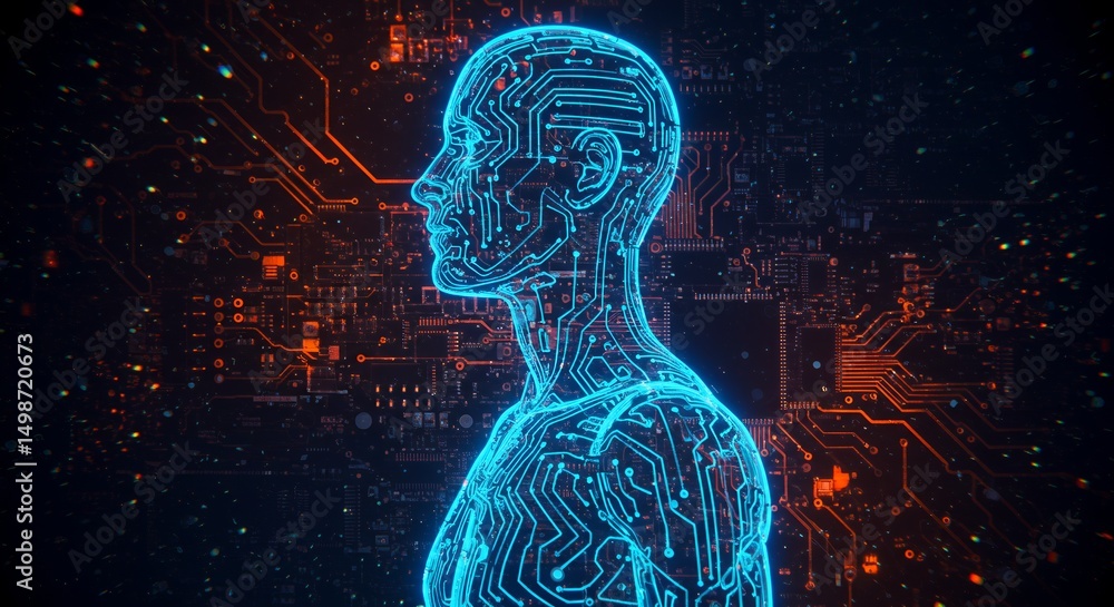Poster abstract digital humanoid figure emerging from circuitry on dark background symbolizing artificial i