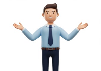 Fototapeta premium 3D Illustration of 3d cartoon of a businessman with open arms wearing a shirt and tie isolated on white background ready for presentation