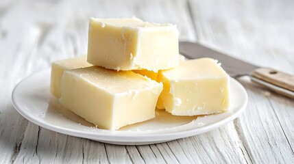 Stack of Butter Portions on White Plate with Knife on White Wooden Table