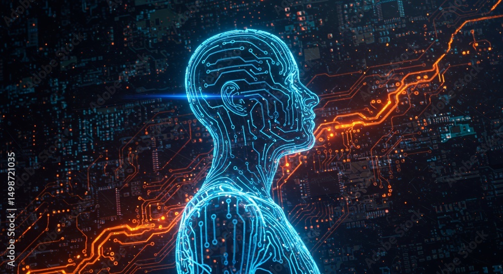 Poster technological human head in cybernetic circuitry with abstract background artificial intelligence co