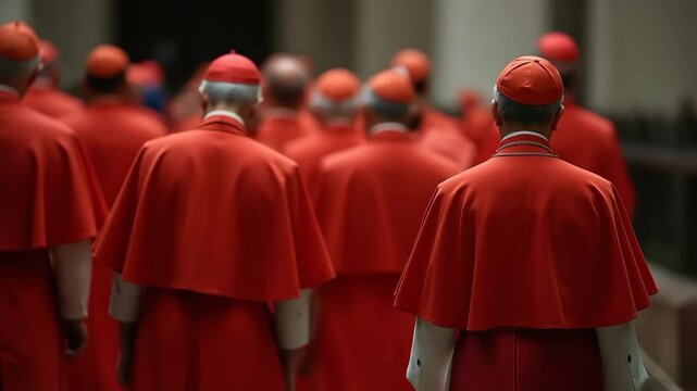 Group of Catholic cardinals, dressed in red vestments, walks solemnly during a papal conclave. 