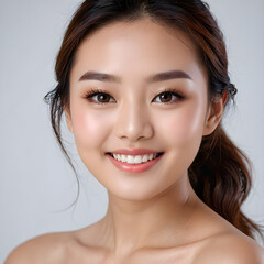 a young Asian woman with a warm, genuine smile. She has dark brown eyes and her hair is pulled back into a ponytail. 