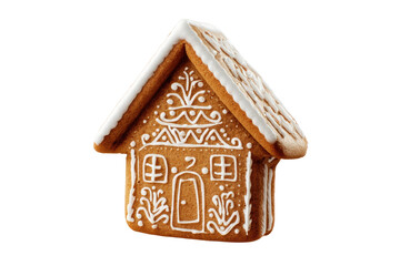 Decorative gingerbread house with white icing on black background, cut out