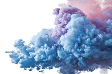 Vibrant blue and purple smoke cloud on white background, cut out