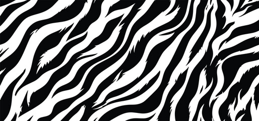 Seamless black and white tiger fur texture vector illustration. Abstract striped animal print pattern ideal for textile, fashion, background, wallpaper, or digital design.