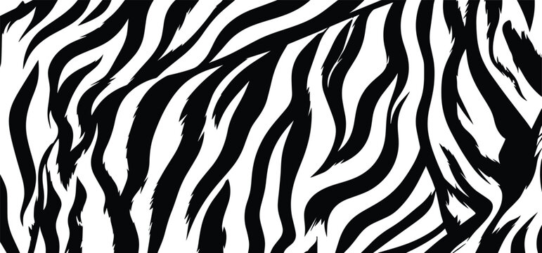 Seamless black and white tiger fur texture vector illustration. Abstract striped animal print pattern ideal for textile, fashion, background, wallpaper, or digital design.