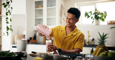 Smoothie, health and man in kitchen in home for liquid diet with breakfast, nutrition or wellness....