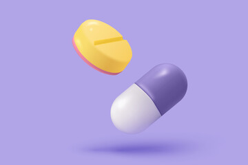 3d pharmacy drug for health pharmaceutical on purple background. Cartoon minimal of first aid and health care. Medical symbol of emergency help. 3d aid medicine icon vector render illustration