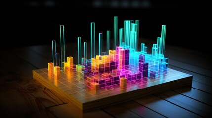 Colorful data visualization with miniature houses and bar graphs showing trends in housing markets in an urban setting