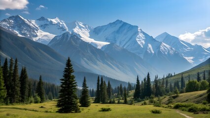 Obraz premium Majestic mountain range covered in fresh snow under a clear blue sky, capturing the essence of winter serenity. Ideal for themes of nature, adventure, and tranquility.