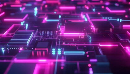 Obraz premium Abstract illustration of a circuit board design with neon lights.